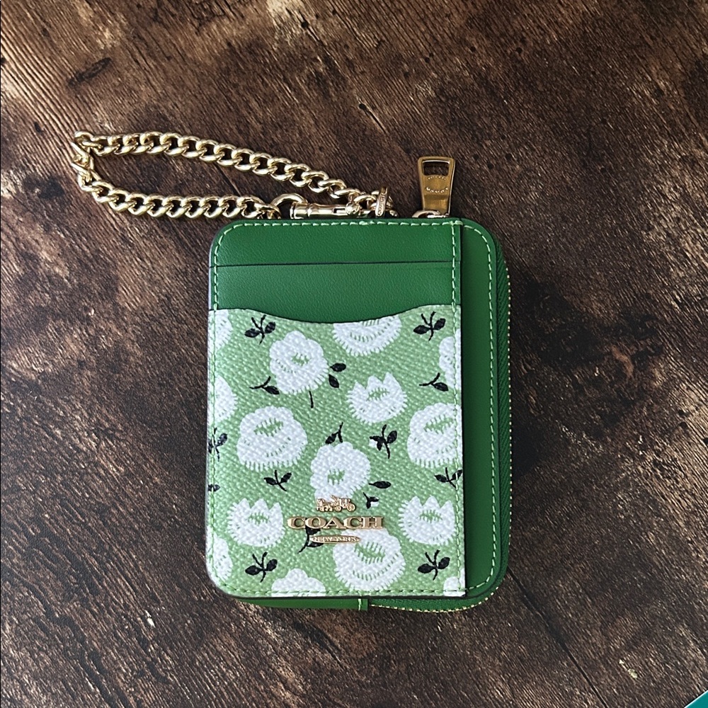 COACH | Green and White Floral | Zipper Card Holder with Gold Chain